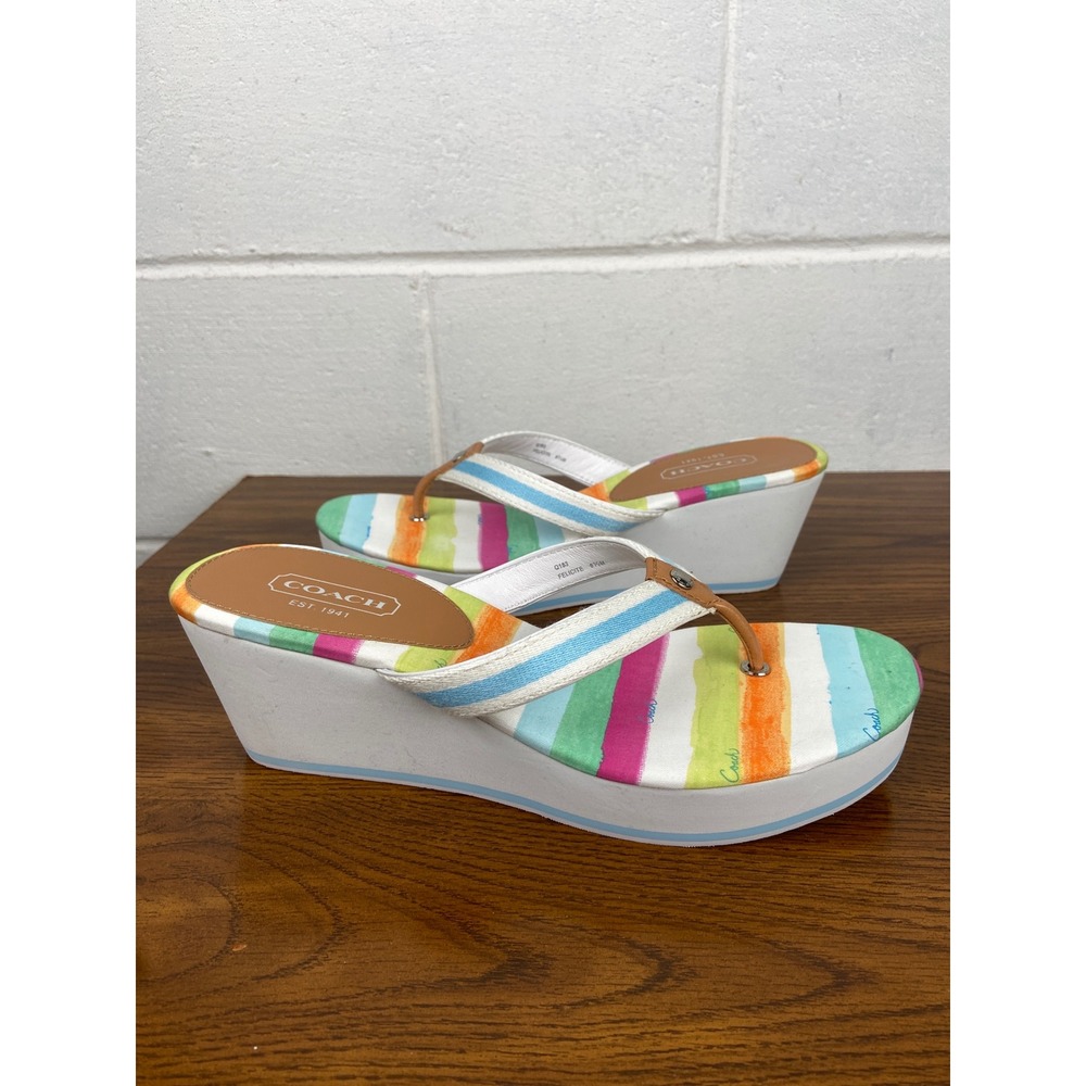 NIB Coach Felicite A8361 Platform‎ Wedge Sandals Striped Thong Watercolor 9.5M - Picture 7 of 9